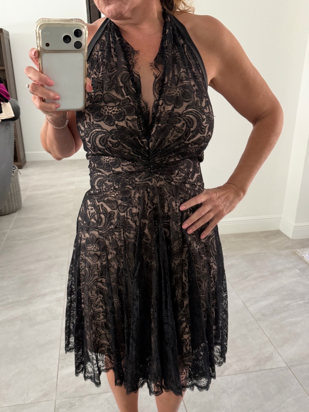 Nicole Bakti Black Lace Halter Dress with Nude Illusion